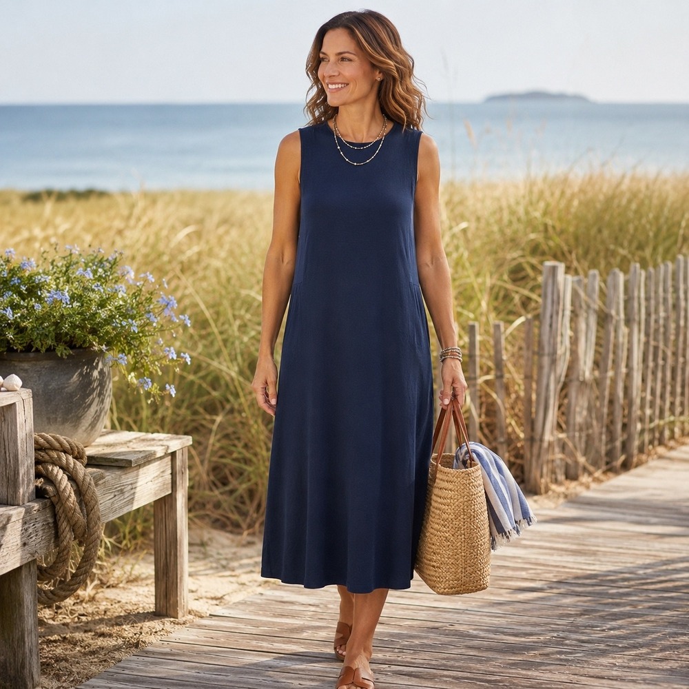 J. Jill Navy Blue Sleeveless A-Line Midi Dress L Soft Coastal Layering Resort